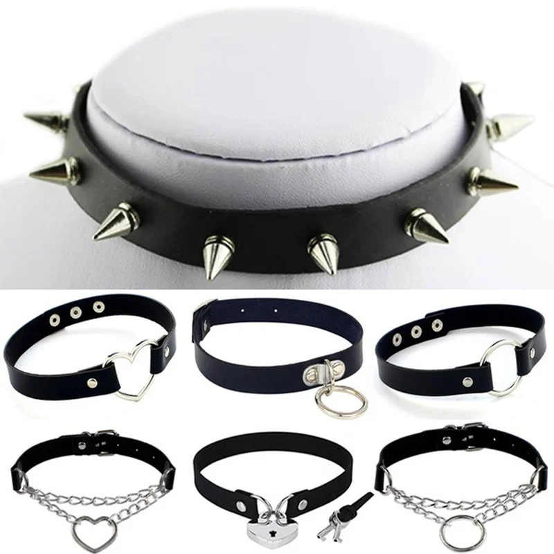 Unisex Gothic Choker Necklaces Women Girls Rivet Leather Necklace Rock Kpop Punk Neck Collars Black Choker Necklace Cool Collar