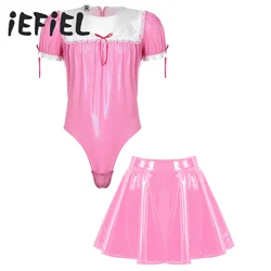 Mens Maid Costume Set Sissy Crossdresser Cosplay Party Outfits Patent Leather Puff Sleeve Bodysuit Leotard with Flared Skirt