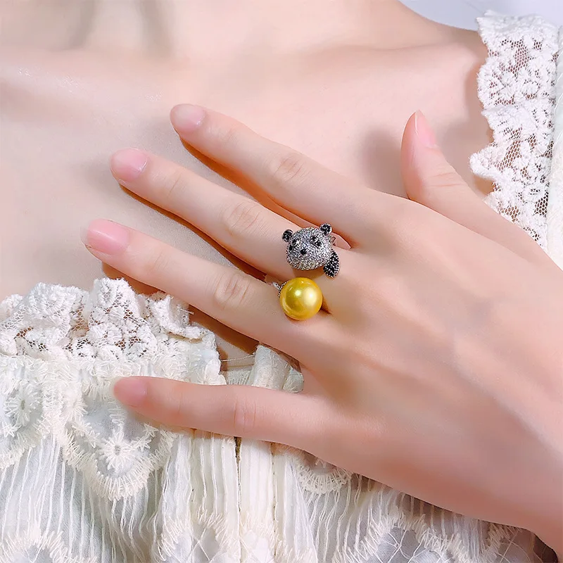 

New Autumn Jewelry Pearl Ring Cute Panda Open Ring Fashion Women's Wholesale