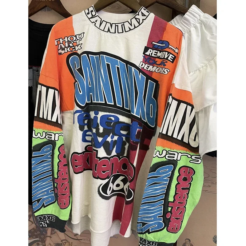 2024 High Quality Cotton Oversized T Shirt Tee Men Women Streetwear Letter Graffiti Saint MOTOCLOSS Long Sleeved T-Shirt Tops