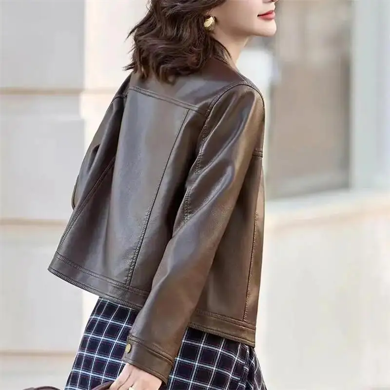 2026 New Women's Short Locomotive Coat Outerwear Spring  Autumn Jacket Top High-end Round Neck Casual PU Leather Jacket Korean