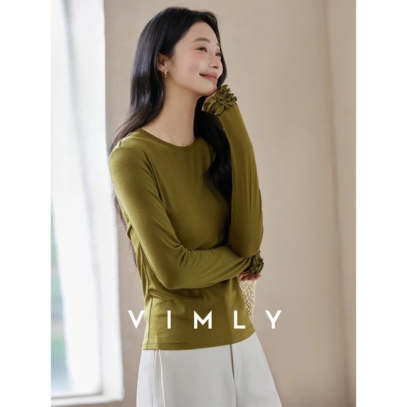 

VIMLY Knitted Long Sleeve T-shirt Round Neck Slim Fitting Tees Autumn 2025 Woman Causal Edible Tree Fungus Cuff Female Top A2069