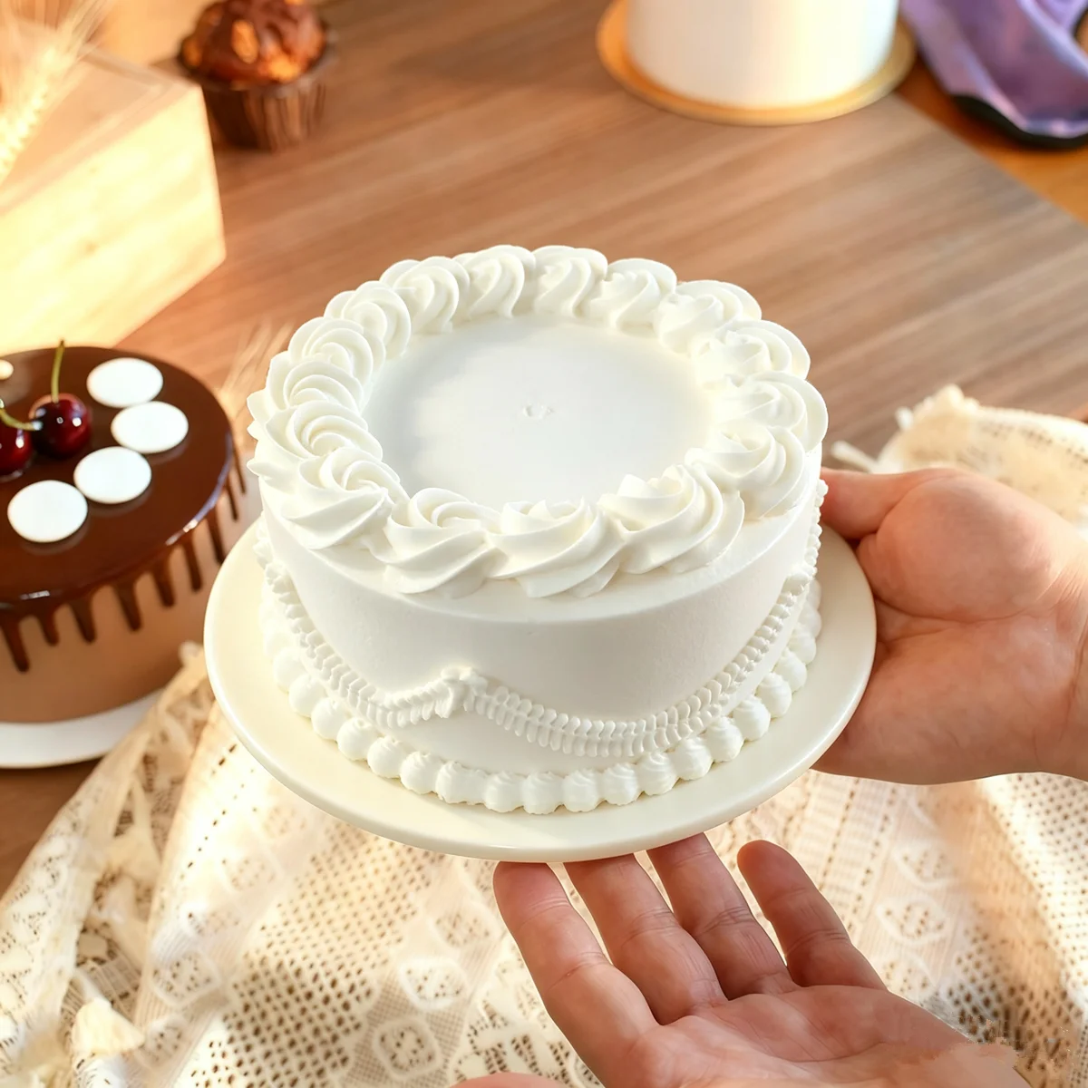 6 Inch Realistic Artificial Birthday Cake Model - Fake Dessert Ornament - close-up view