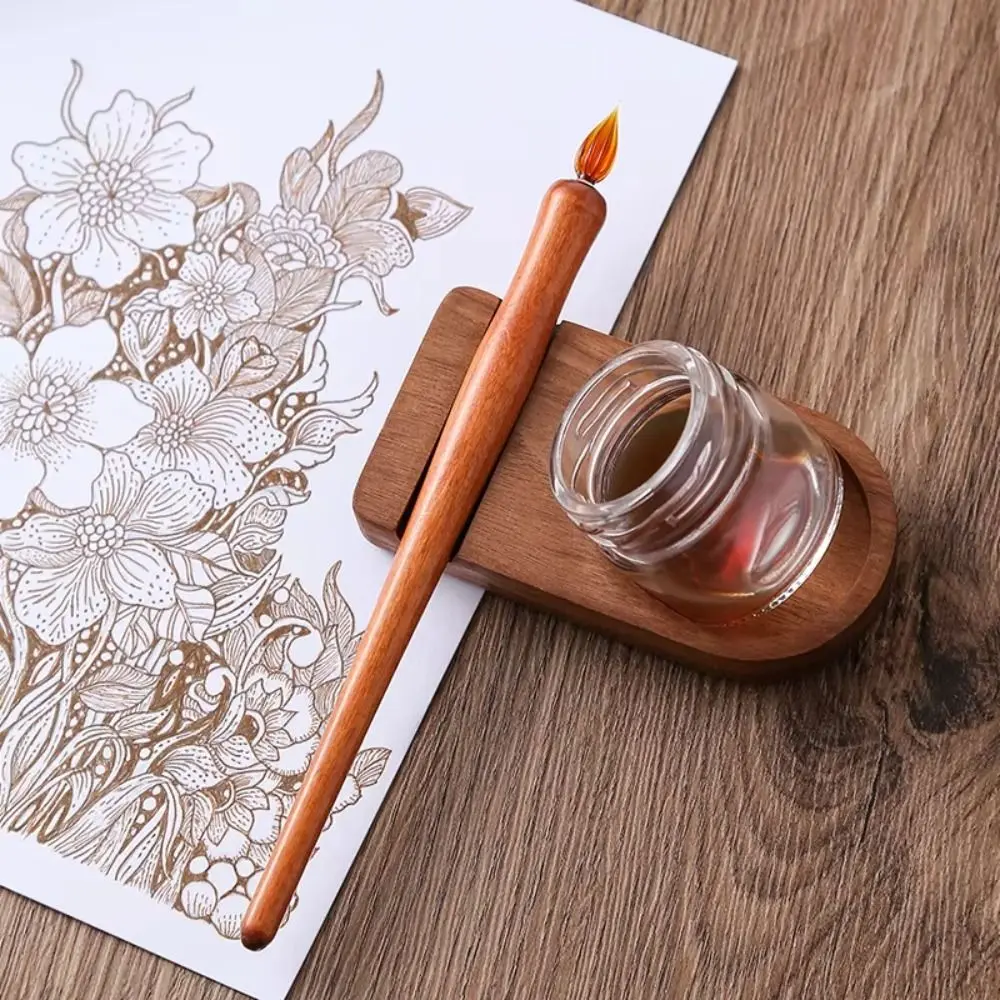 Wooden Pole Glass Pen Sealed Container Calligraphy Dip Pen Ink Holder Stationery Line Pen Dipping Pen Storage Rack Tools