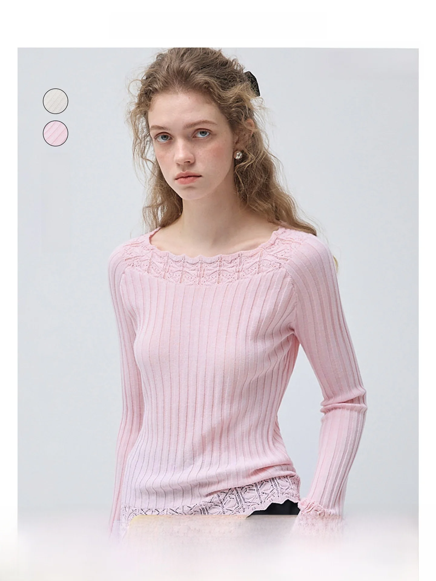 

Ele Lace Splice Knitted Sweater Women's Faionable Versatile Spring New Arrival Soft Comfortable Long Sve Crew Ne