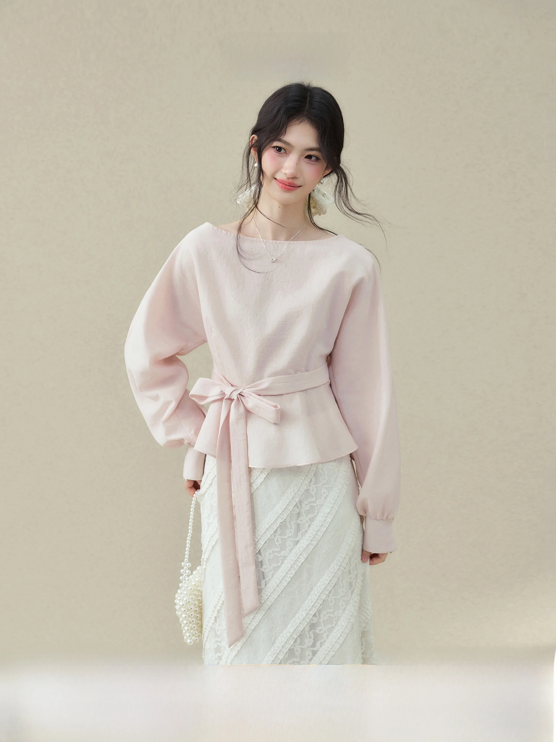 

Sweet Style Long Sleeve Shirt Women's Belted Tie Shirt Spring New Style Commute Style Other Fabric A-Line Sleeve Other Component