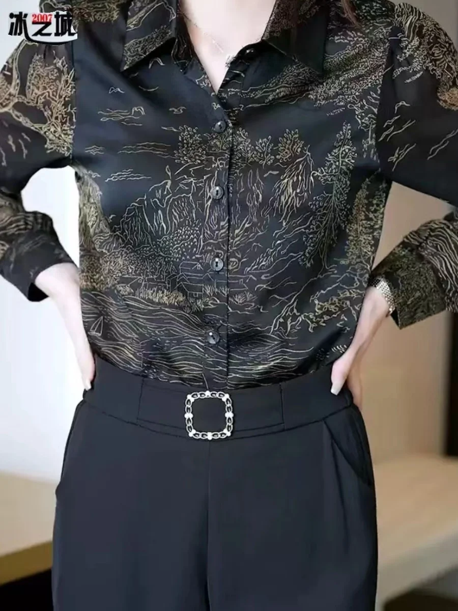 

Ele Lady Long Sve irt для женщин, весна-лето 2024, новый атласный принт, свободный весенний шифоновый маленький топ, модный корейский сле