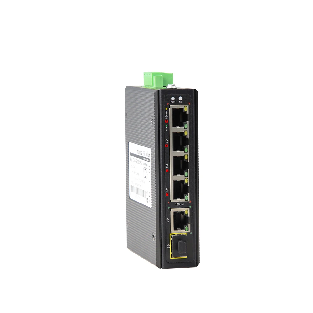 Gigabit 6 Port Industrial bt PoE Fiber Switch 4 PoE 1 RJ45 1 SFP Uplink DC44-57V DIN Rail