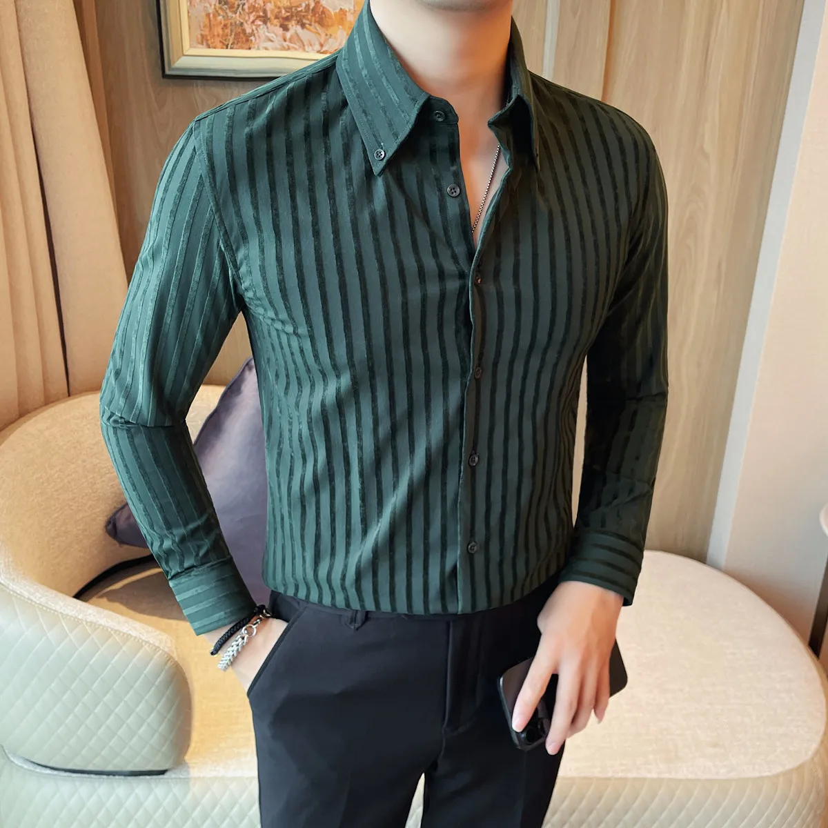 

Мужские рубашки в полоску высокого качества, деловая официальная одежда, мужская социальная рубашка с длинным рукавом, платье, облегающие повседневные эластичные офисные блузки