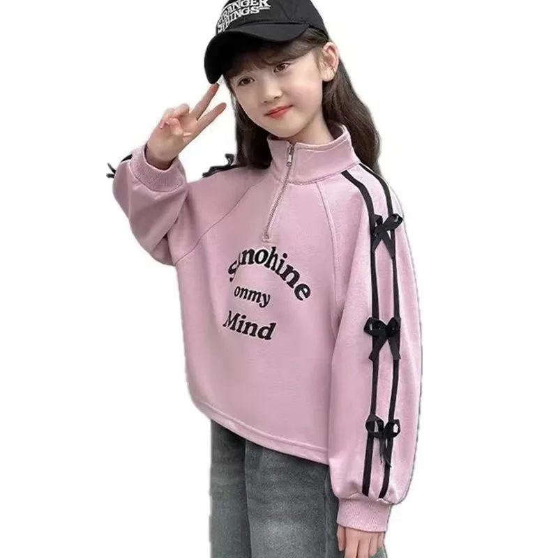 

New Spring Child Violet Clothing For Girls Turtleneck Sweatshirts with Zipper Kids Long Sleeve Streetwear Top Outfit with Bows