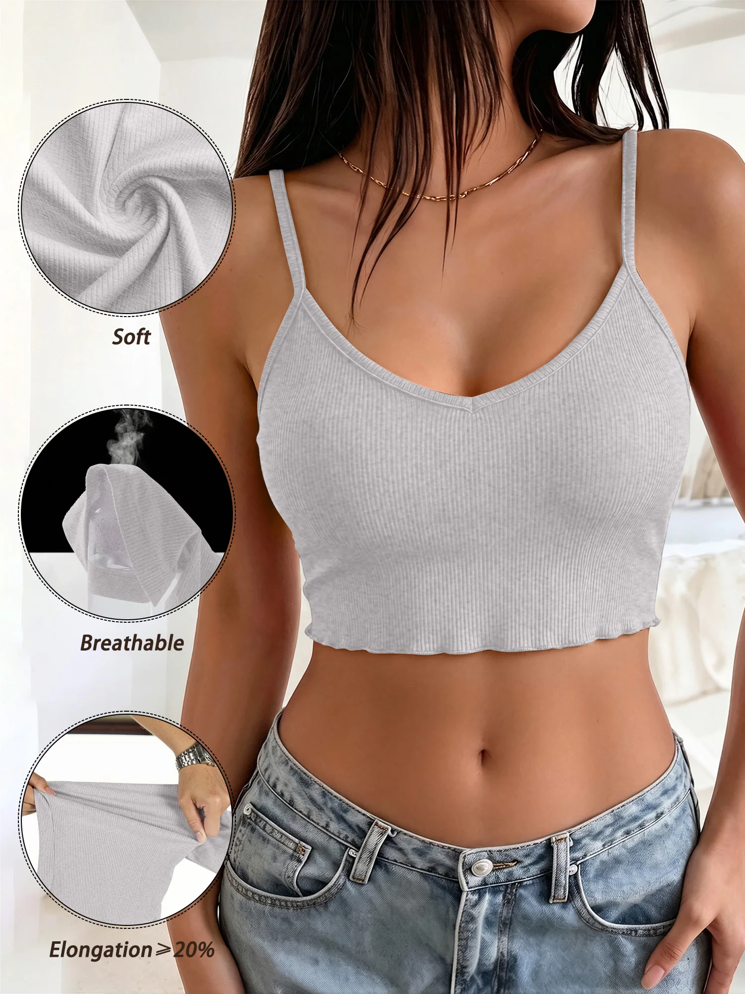 Women Spaghetti Strap Ribbed Cropped Cami Top Y2K Aesthetic Wavy Hem V‑Neck Body‑Hugging Sleeveless Summer Going‑Out Camisole