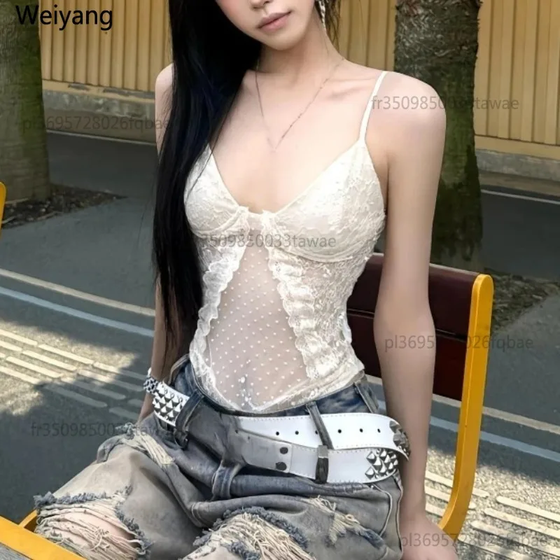Sexy Spitzen-Jacquard-Jumpsuit 2025 Ropa Mujer Durchsichtiger Slim-Fit-Camisole Y2k-Top Modische Ausgeschnittene Schicke Rückenfreie Sommer-Tanktops