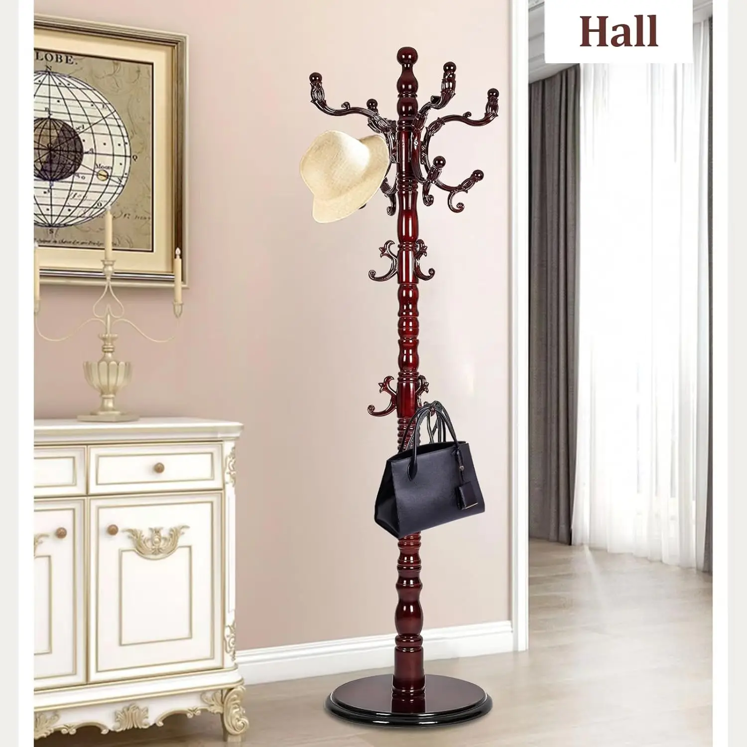 freestanding, High-grade Wooden Tree Coat Rack, Coat Rack Stand With 14 Hooks & Stable Disc Base, For such as coats, jackets, H