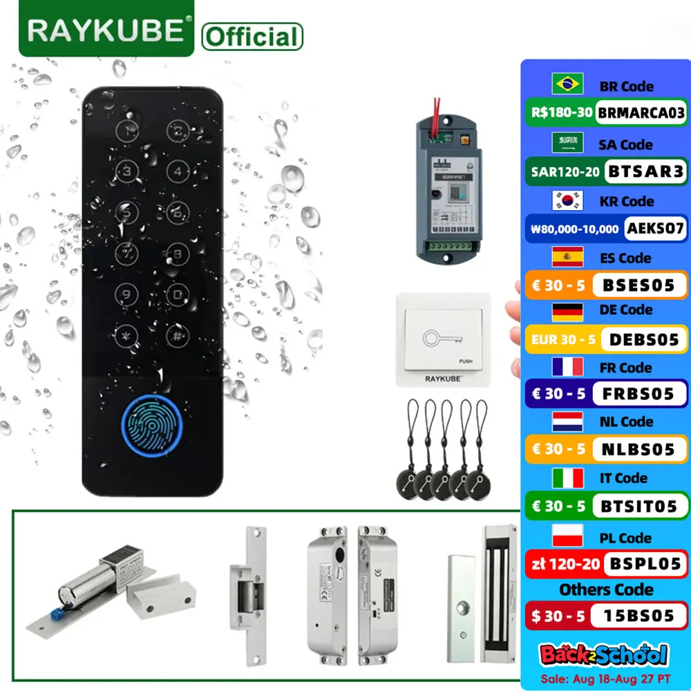 

RAYKUBE IP66 Водонепроницаемая система контроля доступа Комплект замка с отпечатками пальцев Wi-Fi Tuya Управление приложением Умный дверной замок Электрические магнитные замки