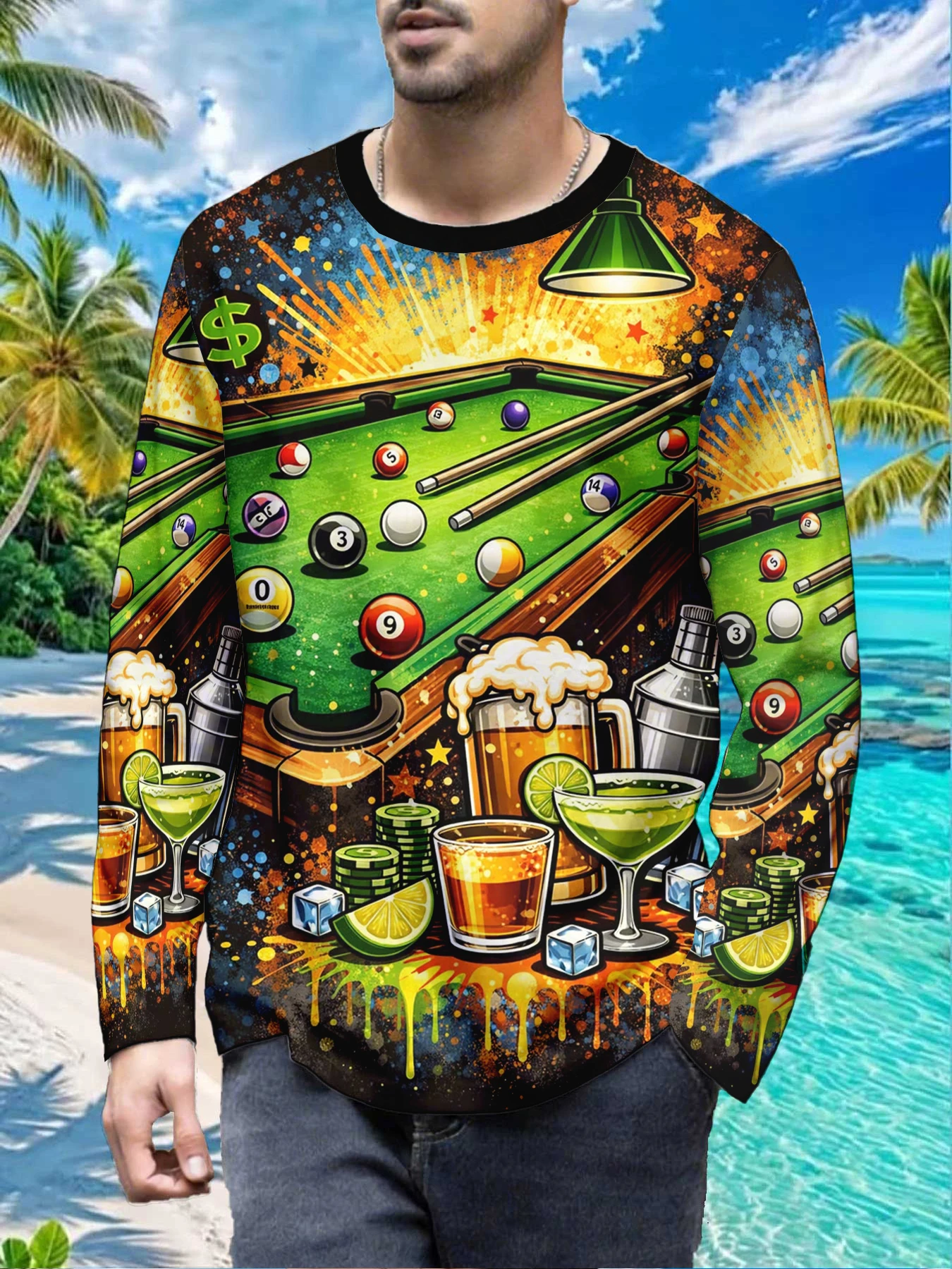 Casual Game Night Billiards Drink Mens Polyester Long Sleeve T Shirt Pool Table Beer Cocktail Print Graphic Tee Vintage Streetwe