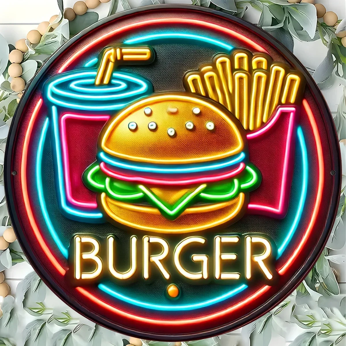 Letrero Metálico 2D de Neón con Diseño de Hamburguesa, Papas Fritas y Refresco, Estilo Vintage Retro para Restaurante de Comida Rápida, Cafetería, Bar, Decoración de Pared, Regalo Estético con Luz LED