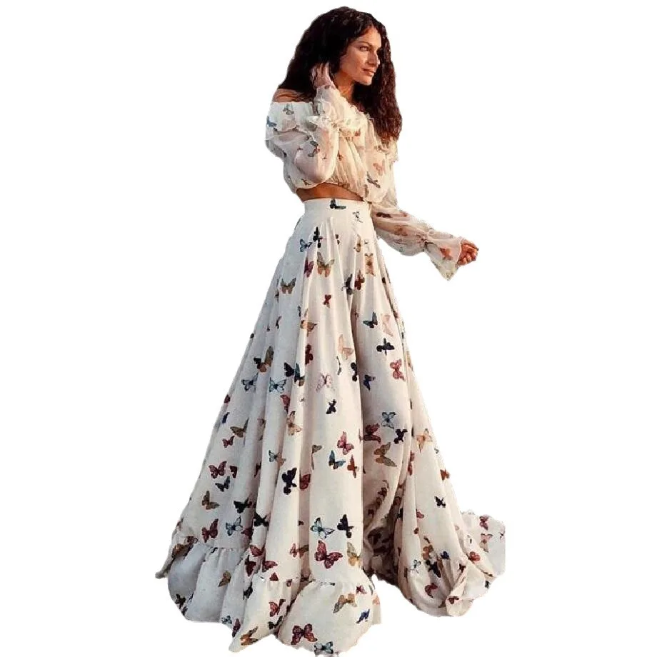 2025 Dress Butterfly Print Two Piece Bohemian Maxi Hem Beach Elegant Party Dresses Woman Conjunto Dos Piezas Mujer Two Piece Set