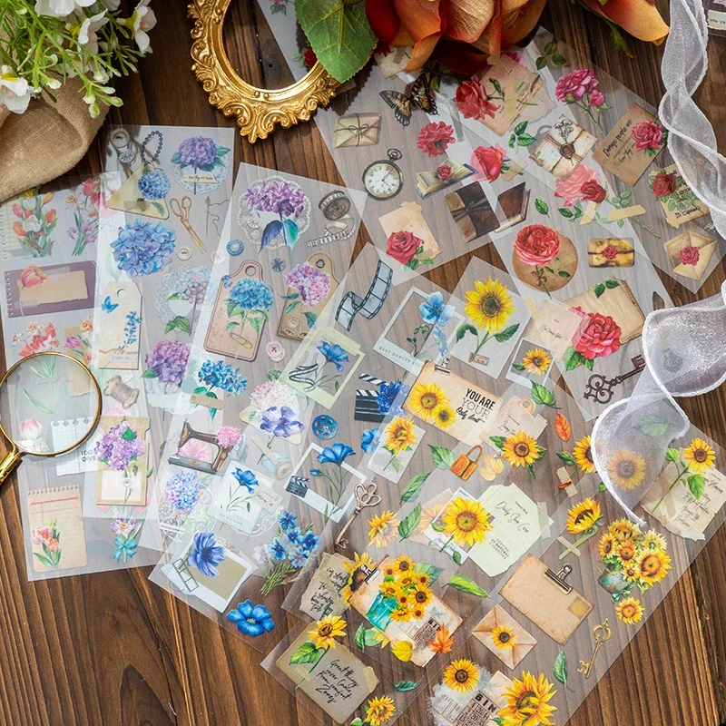 6Sheets Per Pack PET Stickers Plant splicing Flowers Scrapbooking Rose Season Sun Flower blooms Color Decorative Notebook