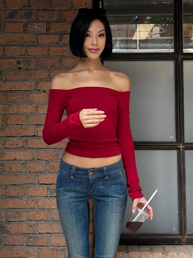 

VanaLab Сексуальный винно-красный топ с одним открытым плечом и длинным рукавом, женский, осенний, с дизайнерским акцентом на плече