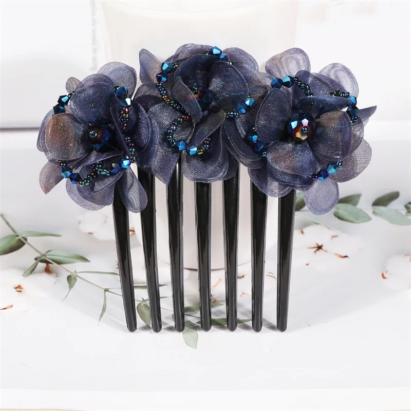 Fashion Silk Yarn Flower Seven Tooth Hairpin Hair Accessories for Women Retro Elegant Fabric Hair Comb Headwear Mom Jewelry Gift