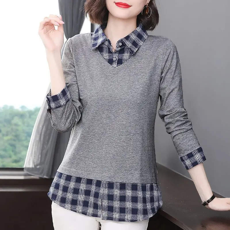 Abbigliamento donna t-shirt Polo-collo manica lunga primavera autunno falso due pezzi Office Lady elegante Plaid Button Spliced pullover