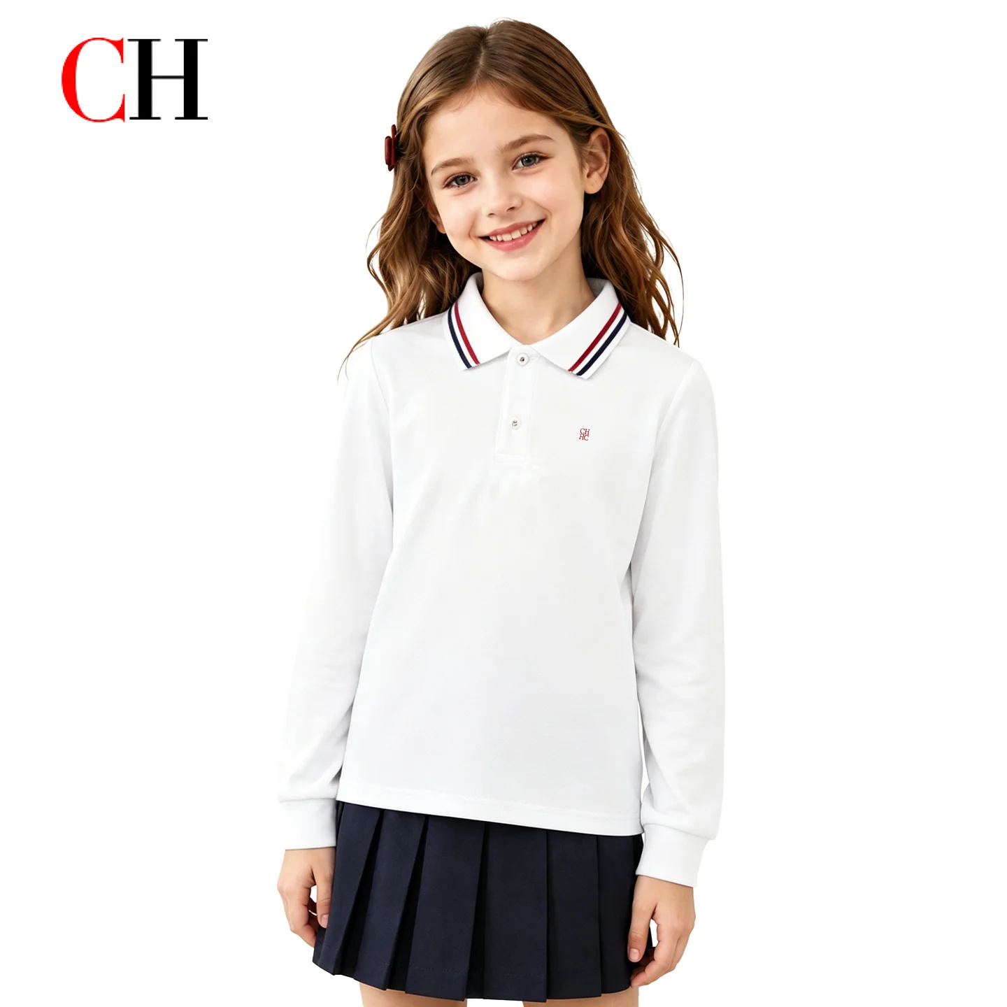 CH Kids White Long Sleeve Polo Shirt Striped Collar CH Embroidery Soft Cotton Kids School