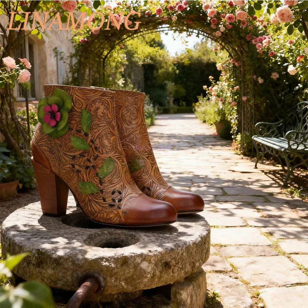 

Three Dimensional Flower Wiping Short Boots Brown Print and Side Zipper Design Thick High Heels Minimalist Fashion Boots