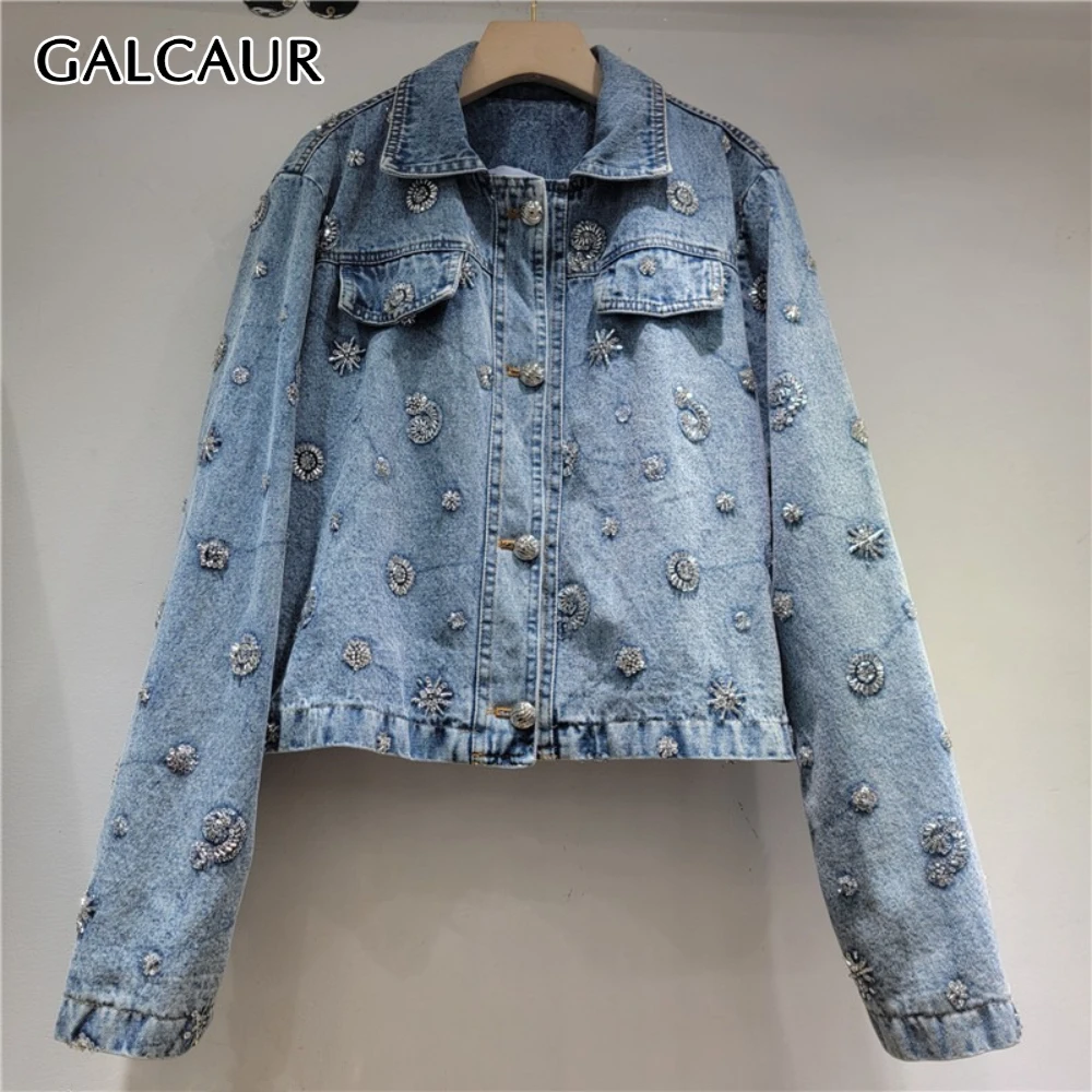 

GALCAUR Blue Spliced Embroidery Chic Jacket Female Lapel Long Sleeve Loose Basics Design Women's Jackets Autumn Fashion Style