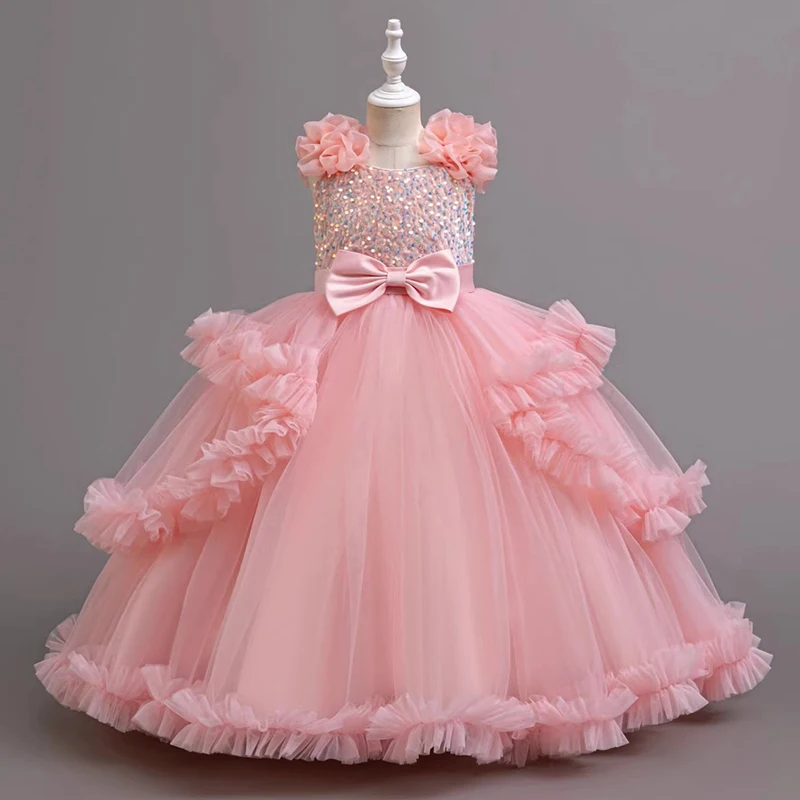 

New elegant girl dress, tulle sequin long flower girl dress suitable 4-12 year old girl Christmas performance clothing