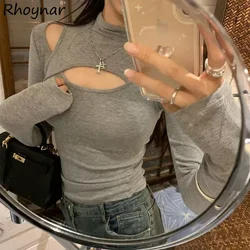 Half High Collar T-shirt Women Long-sleeves Basic Velvet Autumn New Warm Temperament Hollow Out Design Slim Trendy Solid Gentle