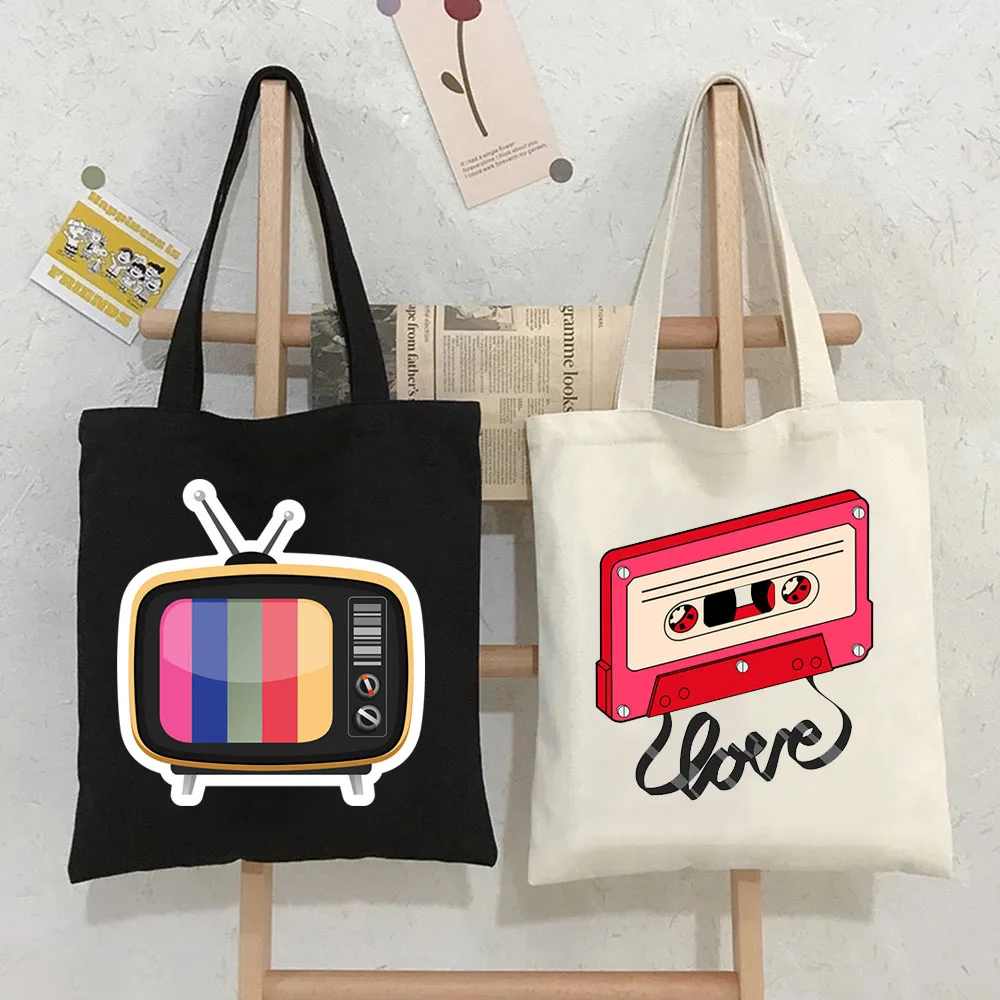 New Fashion 2023 Music Tape Television Cassette Canvas Bag Retro Art Men Women Tote Travel Shopping Large Bags