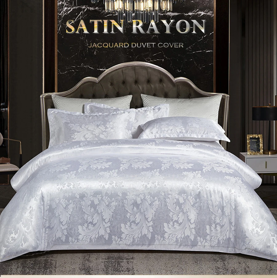 Satin rayon jacquard white duvet cover couple 2 people double bed quilt cover bedding set queen king size comforter set