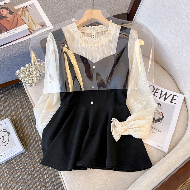 

plus Size Women's Spring New Style Patchwork Slimming Long Sleeve Shirt Top Cover Belly High Waist Korean Style Loose Fit Blouse