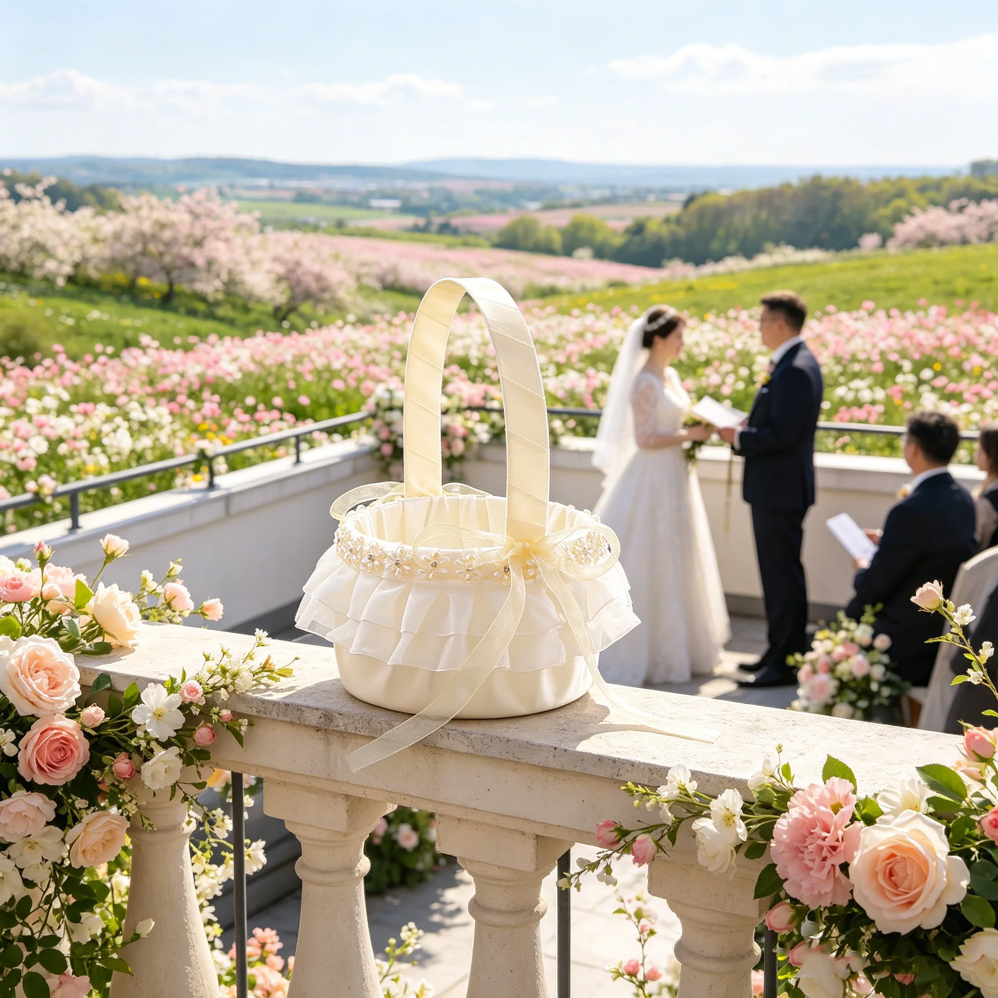 

Retro and simple wedding flower girl basket. Wedding flower scattering basket at the venue.