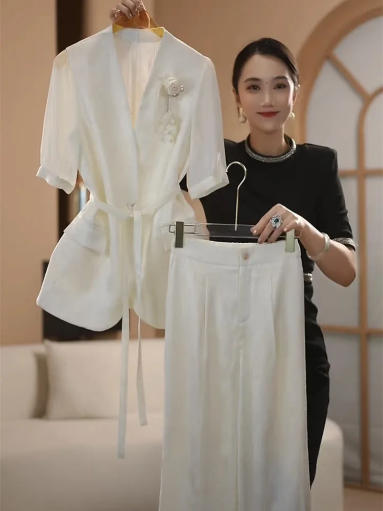 

Summer Professional Suit Set Women's Heavy Industry Shining Chiffon Short Sleeve Shirt Coat+Wide Leg Pants Two Piece Sets