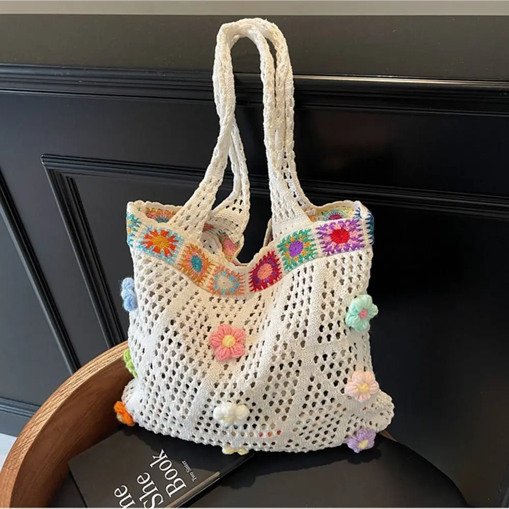 

Hollow Out Crochet Flower Tote Bag Floral Trim Handmade Woven Shoulder Bag Portable Large Capacity Women's Knitted Handbag