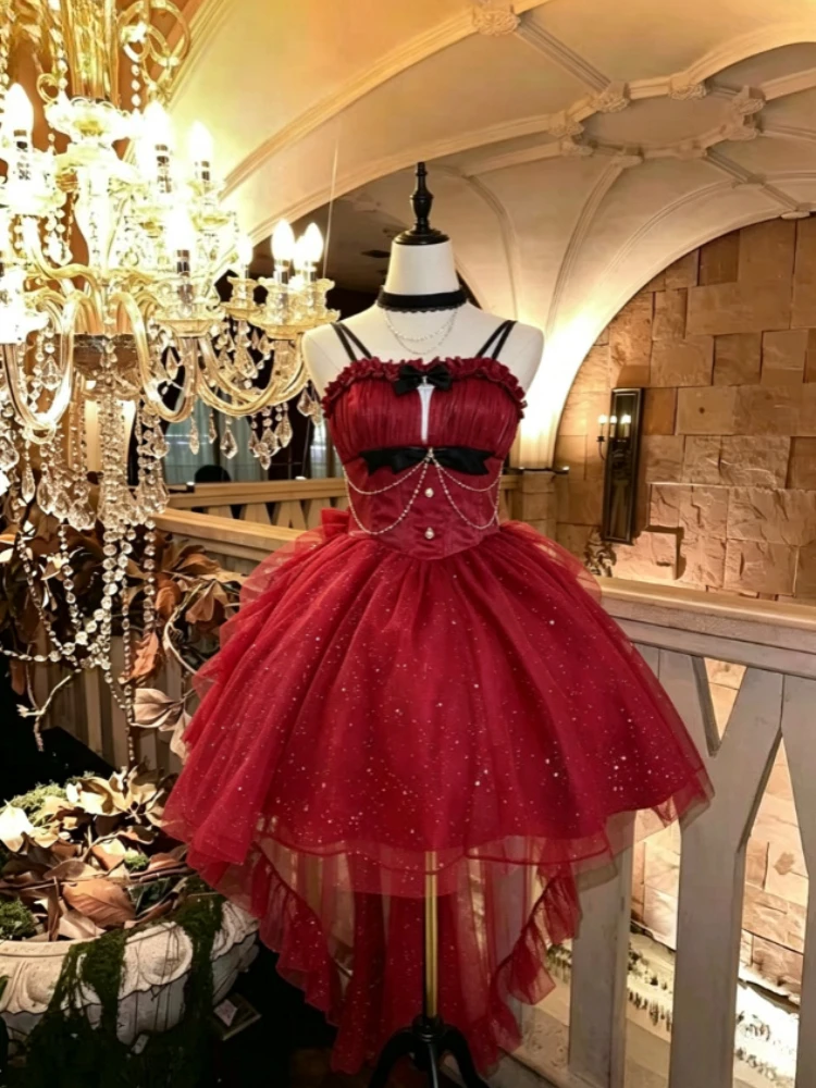 Lolita Gothic JSK Dress Female Spaghetti Straps Ruffle Mesh Skirt Chain Bow Adornment High Low Hem Vintage Princess Party Gown