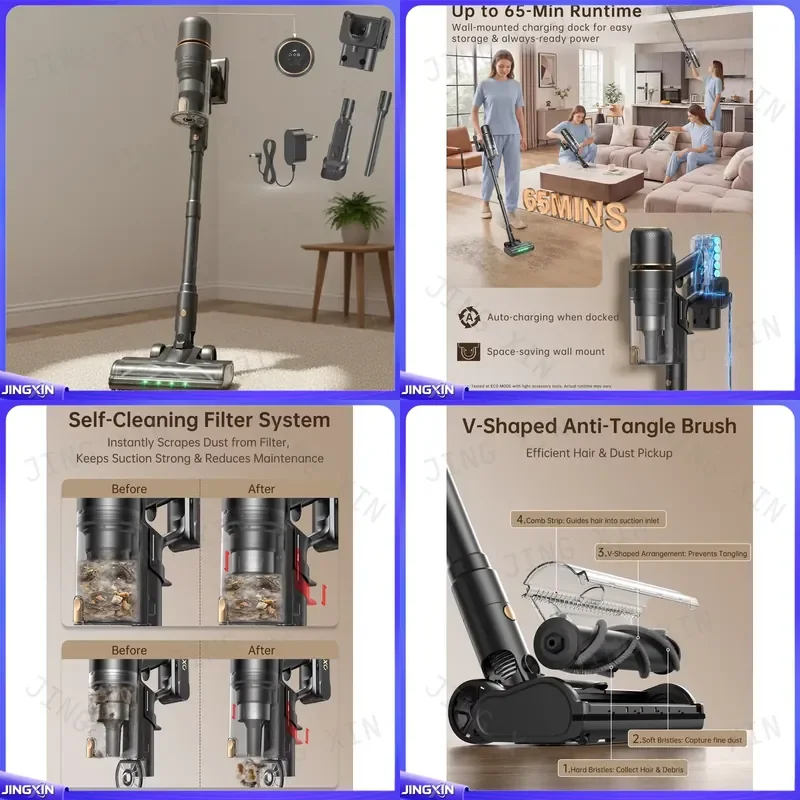 Custom for Cordless Stick Vacuum Cleaner 600W 58KPa Suction 65Min Runtime HEPA Filter LED Display Tangle Free Handheld