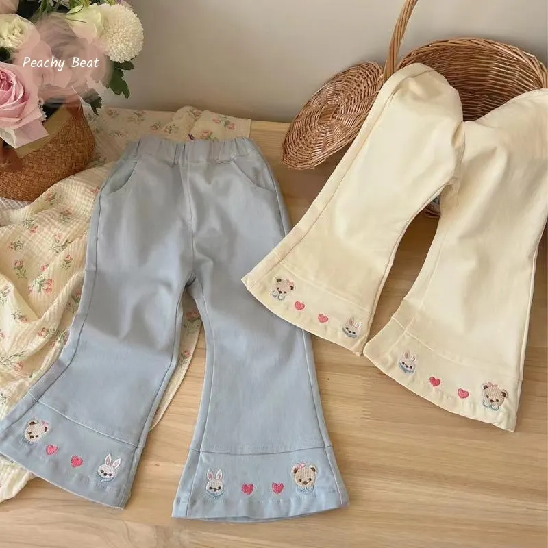 

Fashion Baby Girl Cartoon Jean Flare Pant Infant Toddler Child Elegant Solid Denim Trousers Bell-bottomed Pant Baby Clothes 1-7Y