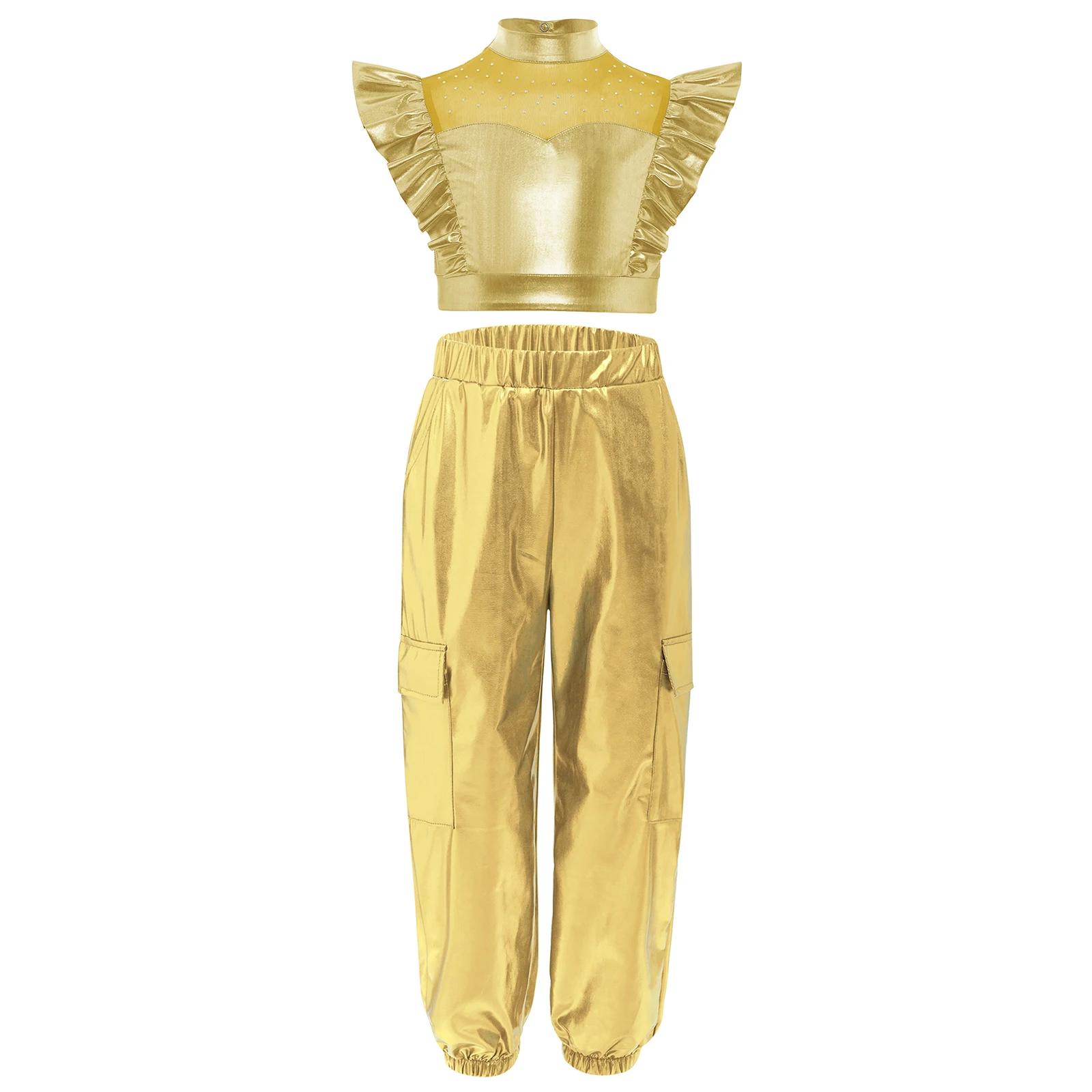 Kinderen meisjes hiphop jazzdanssets strass patchwork mouwloze metallic ruches crop top met cargobroek street wear outfit