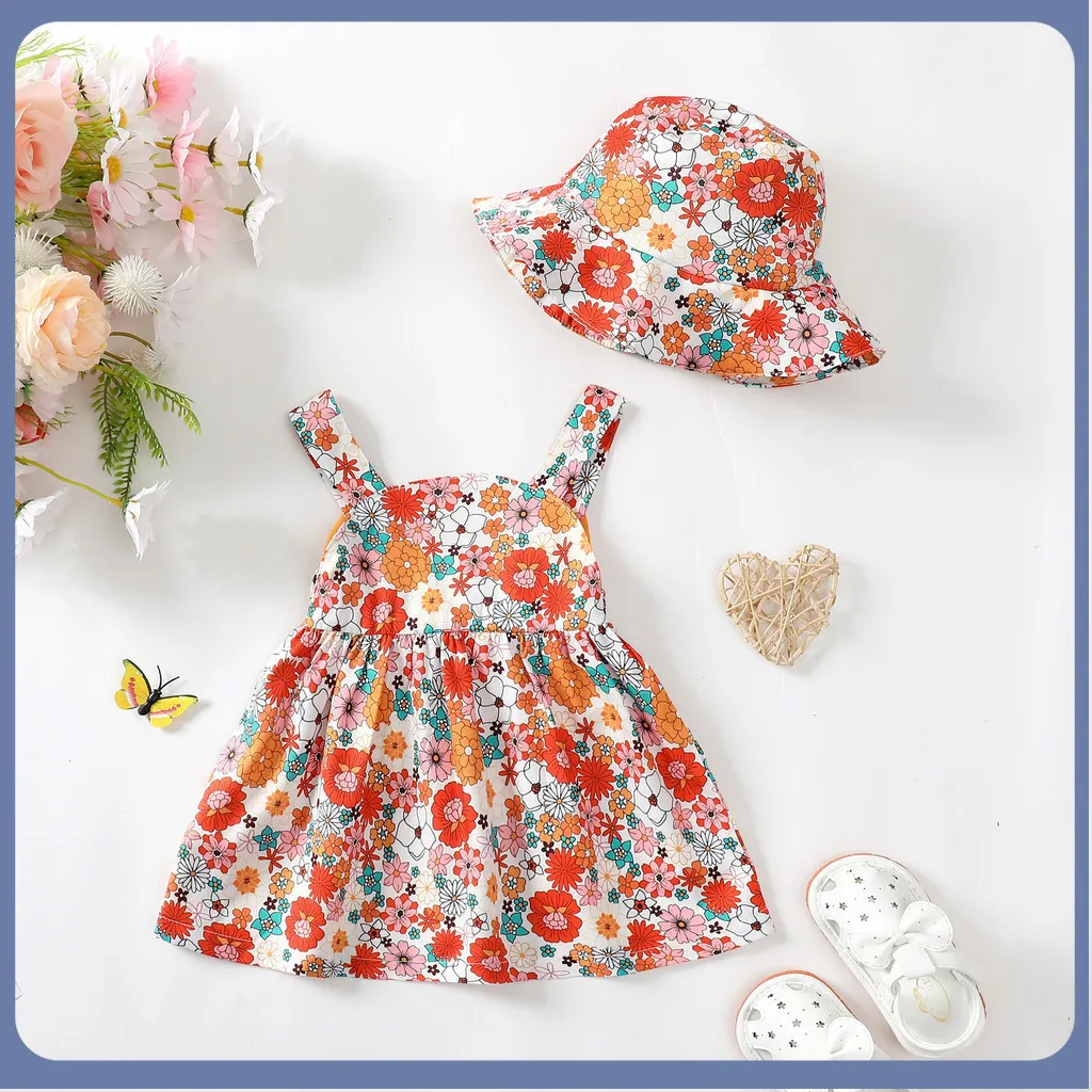 0-3 Years Dress for Toddlers Girl 2PCS Summer Clothes Set Sleeveless Floral Dress with Hat Baby Cute Beach Holiday Party Outfits
