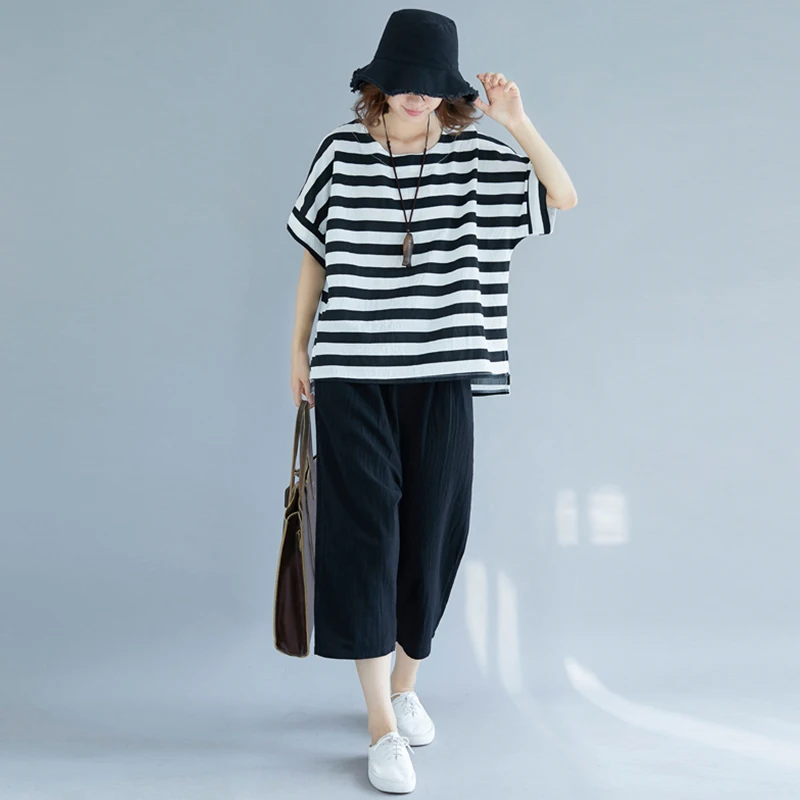 ファッショナブルなルーズコットンリネンバットウィングスリーブラウンドネックストライプTシャツとワイドレッグパンツのツーピースセットレディース服