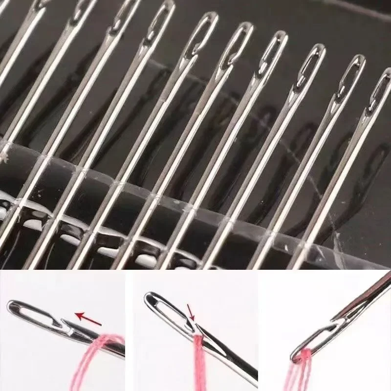 12 Pcs No Threading Side Opening Blind Needles Household Hand Sewing Needles Thread Set Wooden Barrel Package