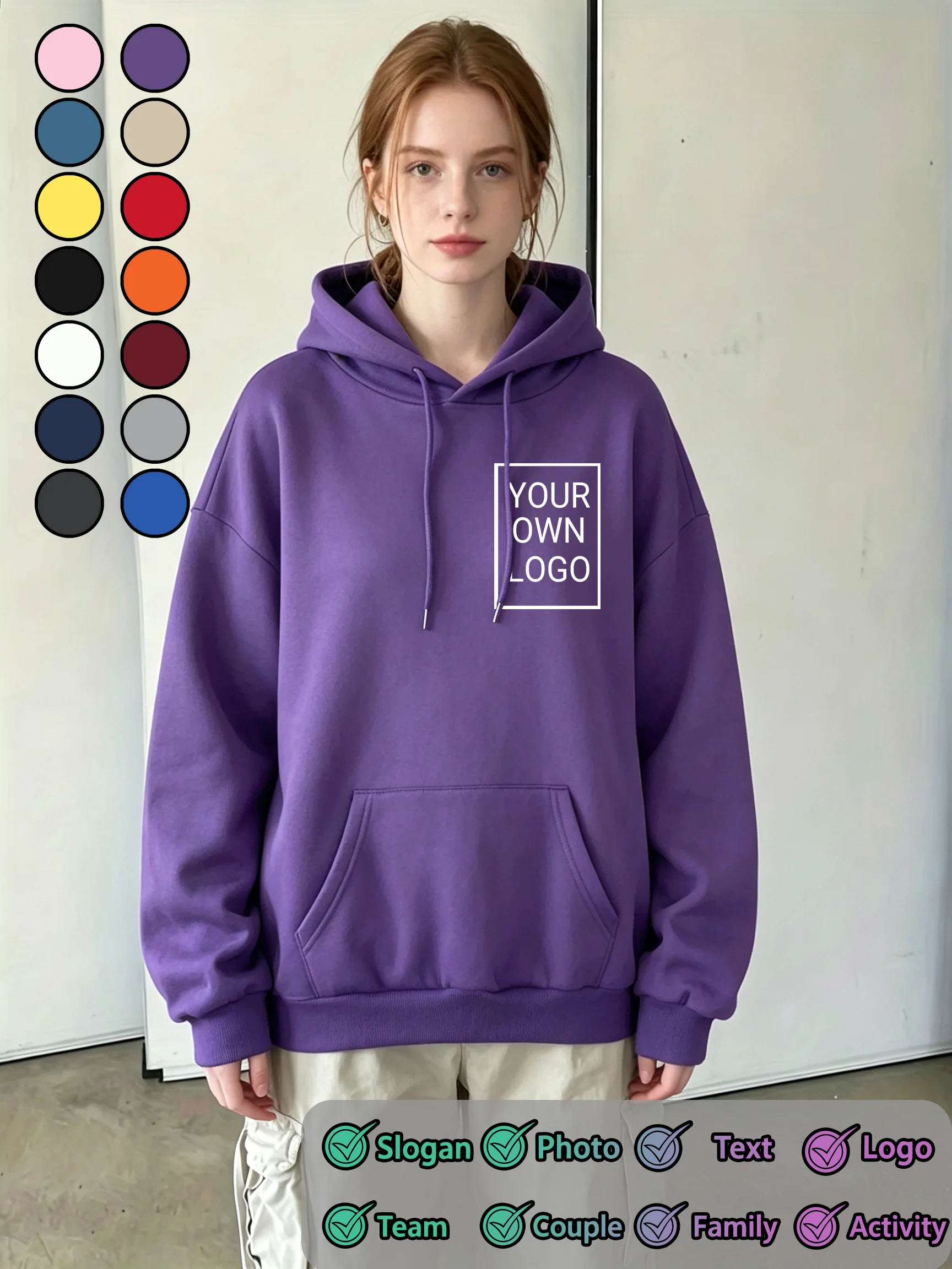 Customized Double Sided Logo Text Women Hoodies Hip Hop Pocket Hoody Loose Casual Sportswears Fleece Y2K Woman Autumn Clothes