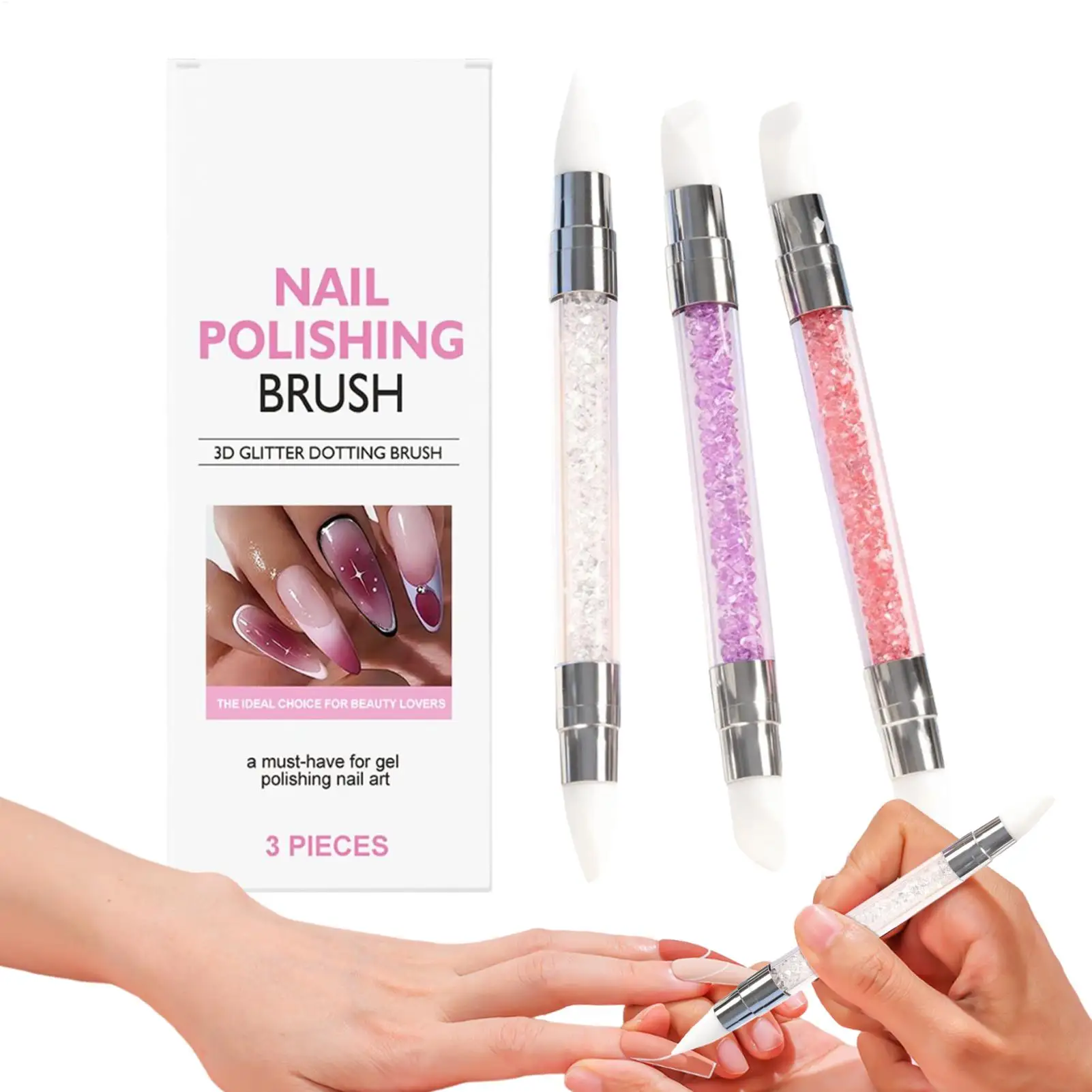 3개입 양쪽 사용 가능한 라인스톤 네일아트 실리콘 펜 조각펜 3D 꽃 조각 도트 도구 매니큐어 브러쉬 실리콘 네일 도구