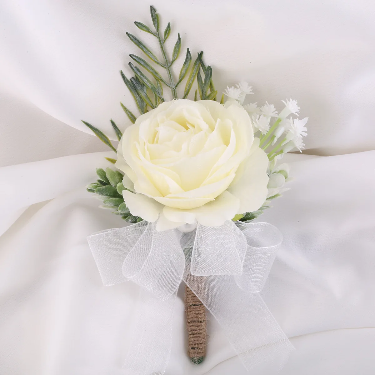 Boutonnières de mariage en ivoire pour hommes, épingles à nœud en ruban, fleurs artificielles, patients, accessoires de décoration de Rh