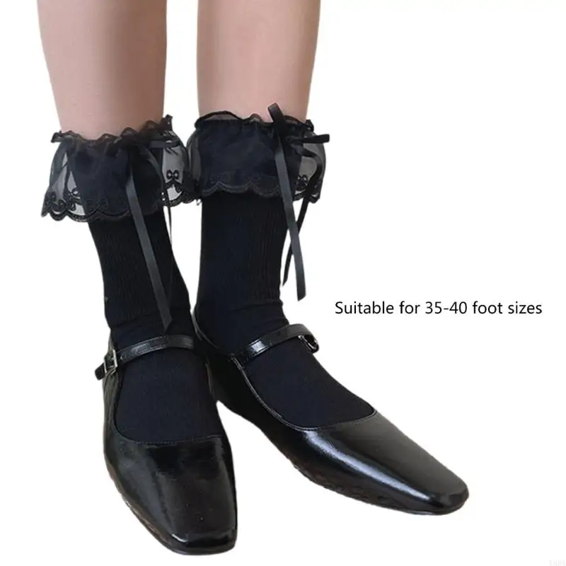 Y88A Ruffle Mesh Splicing Socks Short With Bows Dekorasi Kapur Kru Mahasiswa