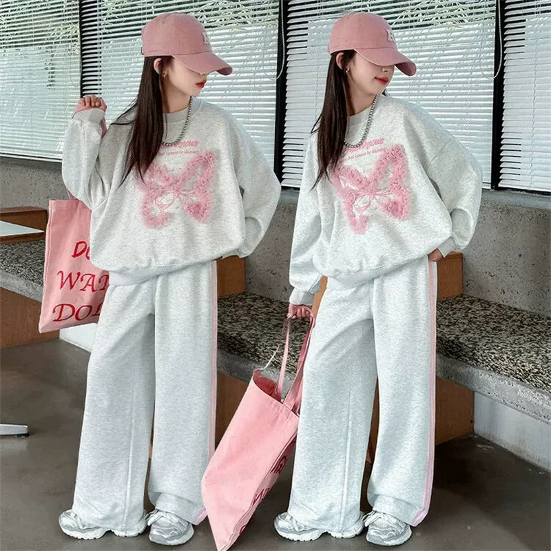 ZOETOPKID Girls Autumn Sets Teenager Spring Sports Suits Children Lace Butterfly Sweatshirt+Loose Pants 2Pcs Kids Outfits