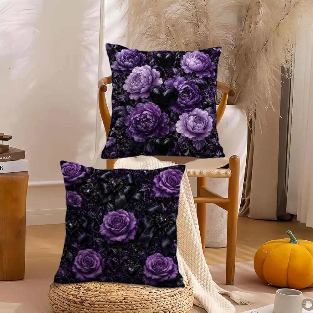 Purple Gothic Roses Cushion Cover Soft Plush Throw Pillow Cover Double-Sided Decorative Cushion Case Sofa Bedroom Home Decor