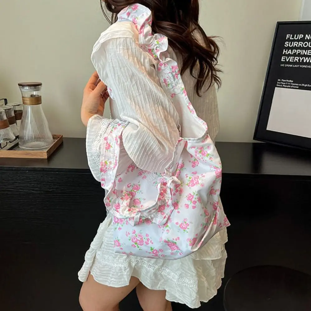 

Elegant Sweet Floral Pleated Shoulder Bag Nylon Pastoral Style Fresh Lace Handbag Large Capacity Bowknot Underarm Bag Shopping